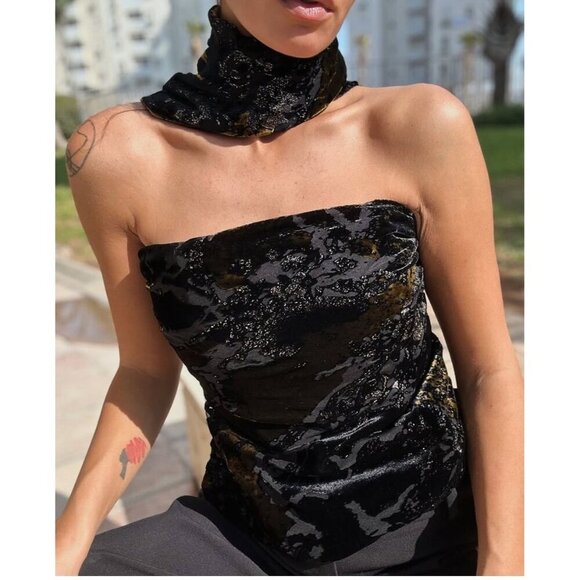Zara Scarf Corset Black Gold Velvet Foulard Strapless Going Out Top Size Large - Picture 3 of 15